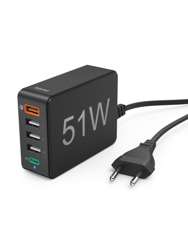 Мрежово зарядно HAMA 51 Watt, 5xUSB, QC3.0, 3x USB-A, USB-C PD, Черен