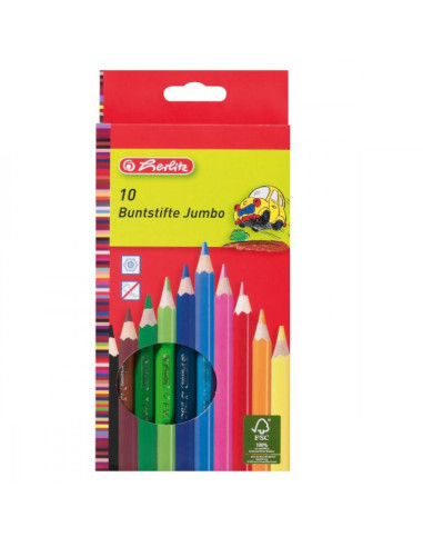 Моливи цветни, шестстенни, Jumbo, FSC 100-, 10 цвята - herlitz