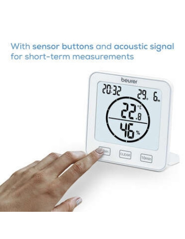 Beurer HM 22 thermo hygrometer, displays temperature, relative humidity, date and time, timer function, sensor buttons