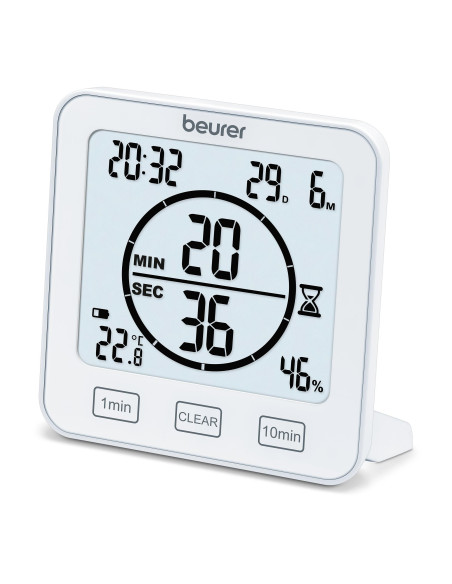 Beurer HM 22 thermo hygrometer, displays temperature, relative humidity, date and time, timer function, sensor buttons