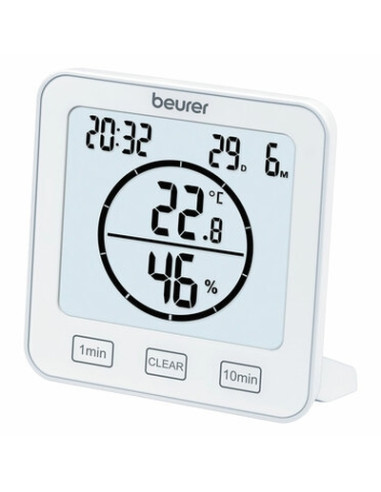 Beurer HM 22 thermo hygrometer, displays temperature, relative humidity, date and time, timer function, sensor buttons