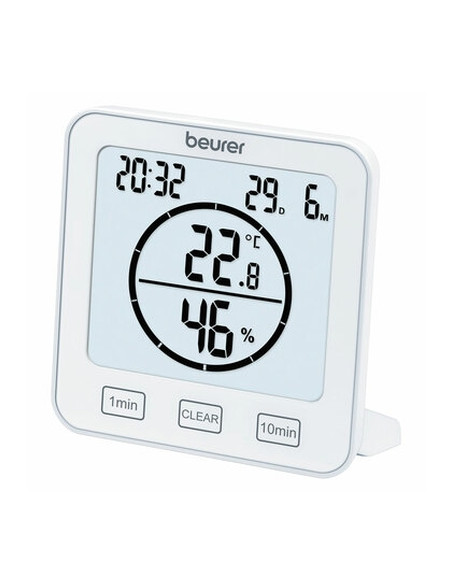 Beurer HM 22 thermo hygrometer, displays temperature, relative humidity, date and time, timer function, sensor buttons