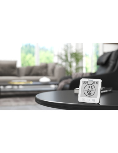 Beurer HM 22 thermo hygrometer, displays temperature, relative humidity, date and time, timer function, sensor buttons