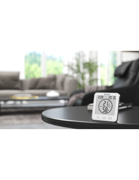 Beurer HM 22 thermo hygrometer, displays temperature, relative humidity, date and time, timer function, sensor buttons