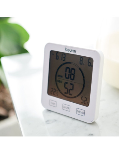 Beurer HM 22 thermo hygrometer, displays temperature, relative humidity, date and time, timer function, sensor buttons
