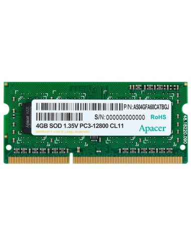 Apacer 4GB Notebook Memory - DDR3 SODIMM 512x 8, Low Voltage 1.35V PC12800 @ 1600MHz