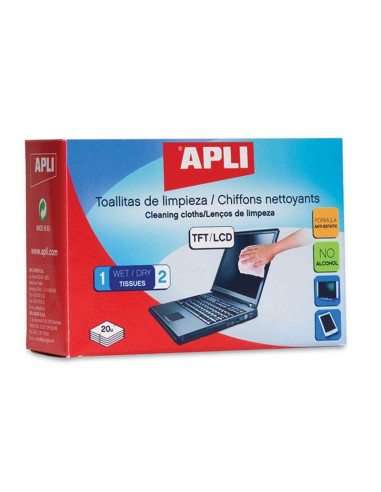 APLI 11325 Комплект мокра + суха почистващи кърпички за TFT, LCD екрани, монитори и дисплей - 20x2бр