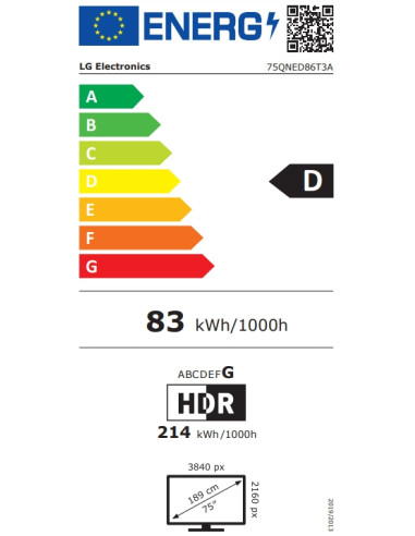 LG 75QNED86T3A, 75" 4K QNED HDR Smart TV, 3840x2160, DVB-T2/C/S2, Alpha 8 AI 4K Gen7, 120Hz, HDR 10 PRO, webOS 24 ThinQ, 4K U