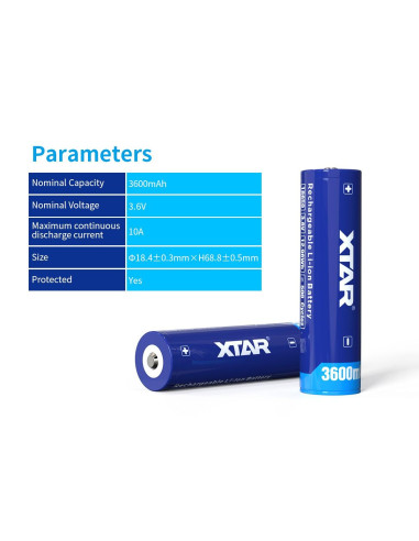 Акумулаторна батерия XTAR за фенери 18650 със защита , 3600mAh, Li-ion