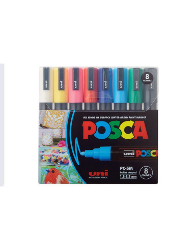 Комплект перманентни маркери UNI POSCA на водна основа 8бр, PC-5M, MainColor