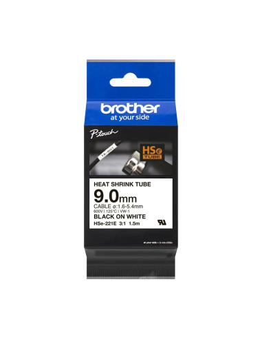 Brother HSe-221E 9mm Black on White Heat Shrink Tape