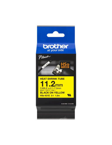 Brother HSe-631E 11.2mm Black on Yellow Heat Shrink Tape