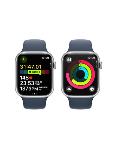 Apple Watch Series 9 GPS + Cellular 45mm Silver Stainless Steel Case with Storm Blue Sport Band - M/L