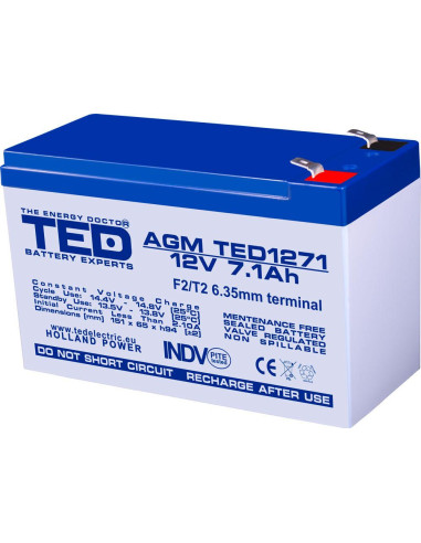 Оловна батерия TED ELECTRIC, AGM, 12V, 7Ah, 151/ 65/ 94 mm, Терминал2