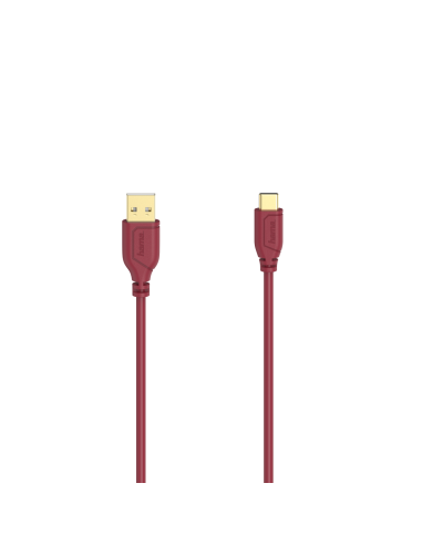 Кабел Hama Flexi-Slim USB-C - USB-A 2.0 мъжко, 0.75м,тънък, позлатен, червен