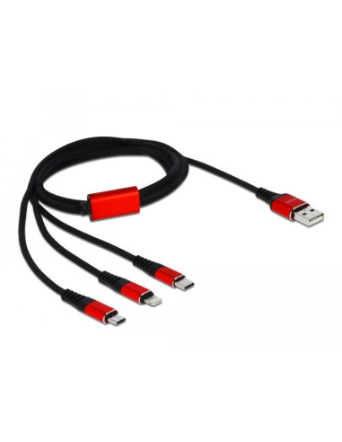 Кабел за зареждане Delock 3 в 1, USB - Lightning/ Micro USB/ USB-C, 1м, Черен/Червен