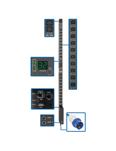 Tripp Lite by Eaton 7.7kW Single-Phase Switched PDU with LX Platform Interface, 230V Output, IEC 309 32A Blue, 10 ft. (3.05 m