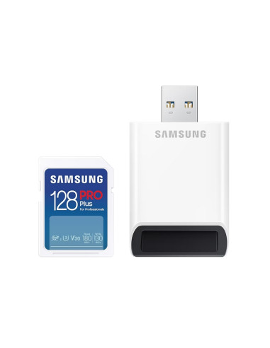 Samsung 128GB SD Card PRO Plus with USB Reader, Class10, Read 180MB/s - Write 130MB/s