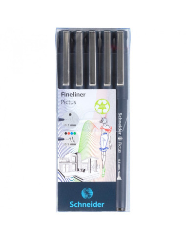 Тънкописец Pictus, к-кт 5 броя, 0.2 черен и 0.5 черен, червен, син, зелен