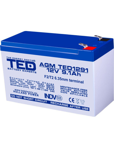 Оловна батерия TED ELECTRIC, AGM, 12V, 9Ah , 151/ 65/ 94 mm, Терминал2