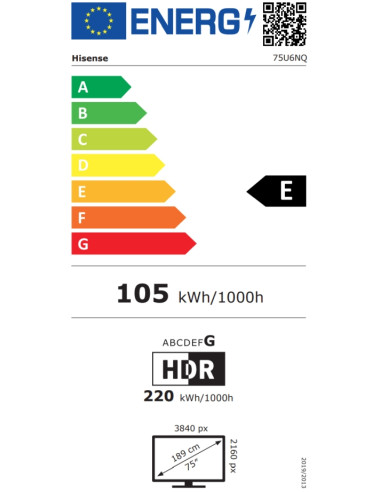 Hisense 75" U6NQ, 4K Ultra HD 3840x2160, ULED, Quantum Dot, 60Hz, IPS, HDR 10+, HLG, Lighyt Sensor,Dolby Vision IQ, Dolby Atm