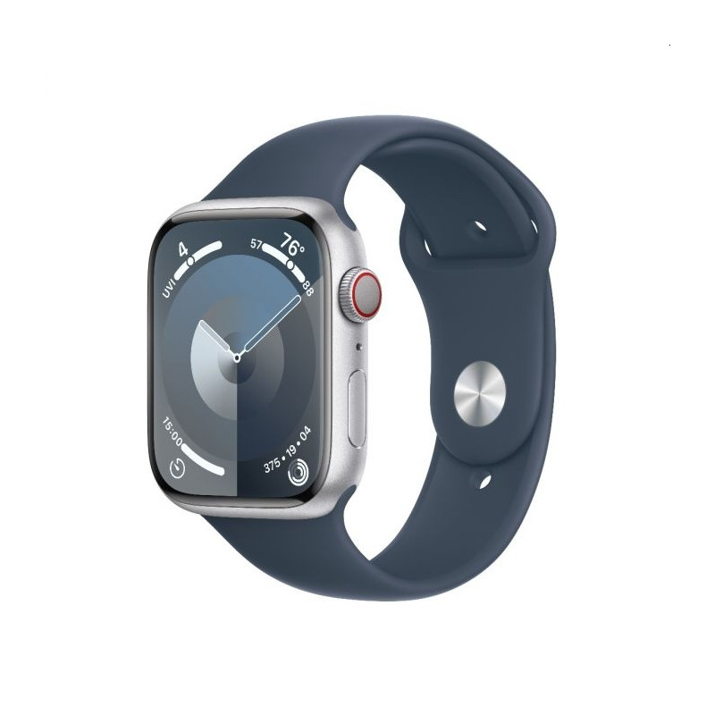 Apple Watch Series 9 GPS + Cellular 45mm Silver Aluminium Case with Storm Blue Sport Band - S/M